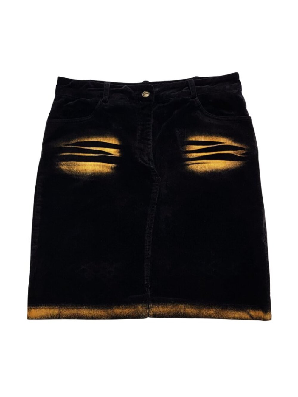 Vintage Women’s Black Corduroy Patchy Punk Rocker Mini Skirt (Size XS/S)